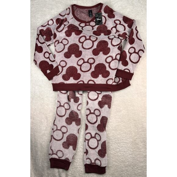 Disney Plush Two Piece Sleepwear set Women’s L Mickey Mouse Print Burgundy Soft - Picture 1 of 13